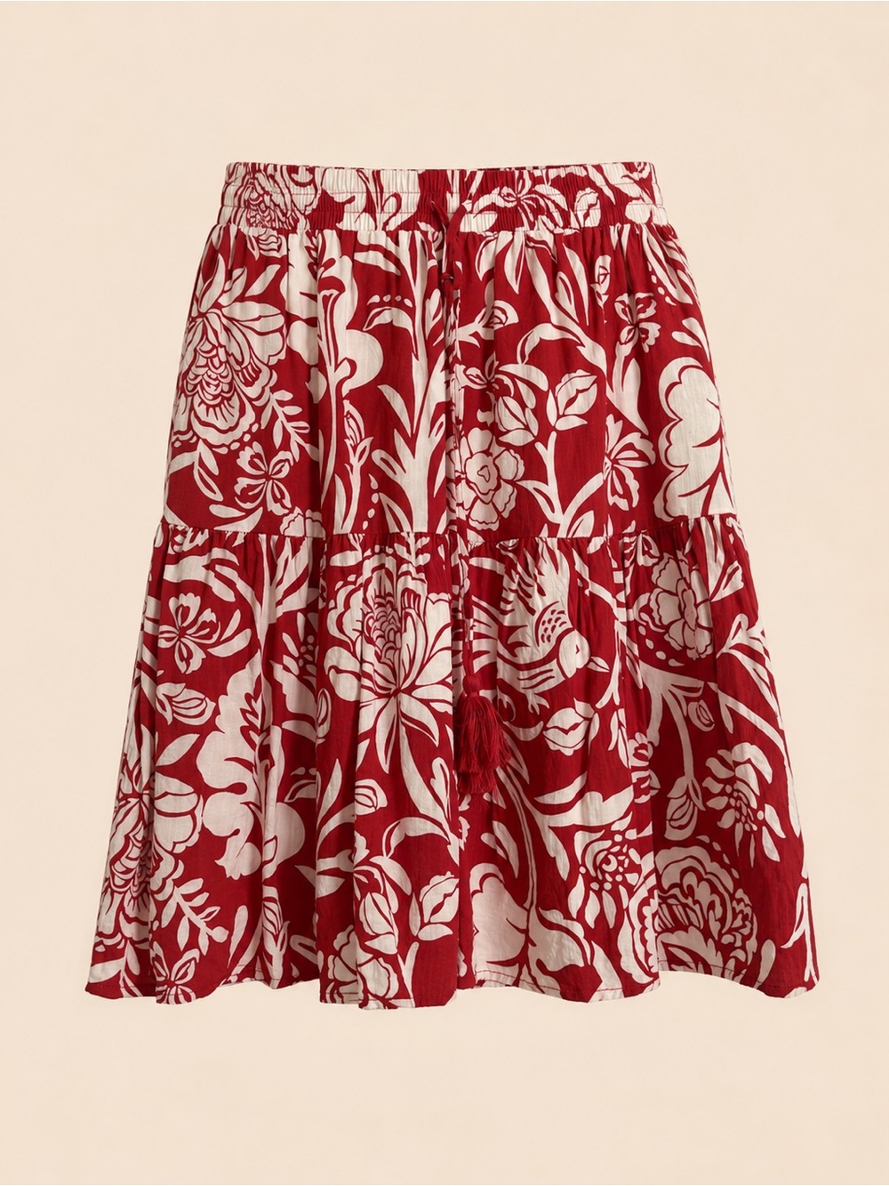 Knox Rose Red Cream Floral Tiered Rayon Skirt Size S